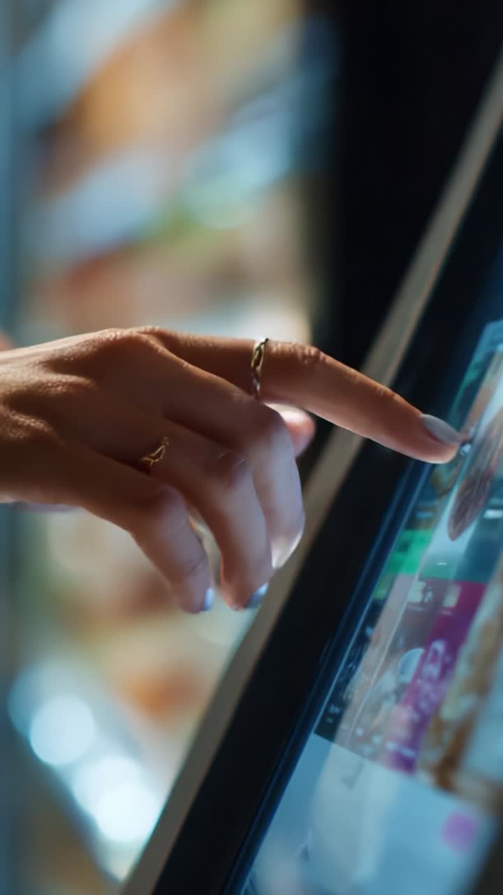 A close-up view of a hand interacting with a touchscreen interface, showcasing digital technology usage in a modern setting with vibrant colors in the background