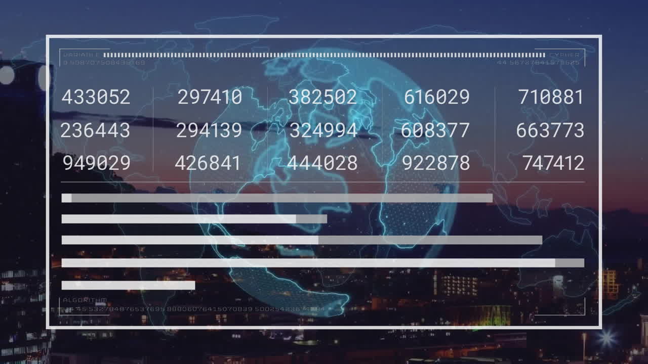 animación del procesamiento de datos y globo sobre el paisaje urbano