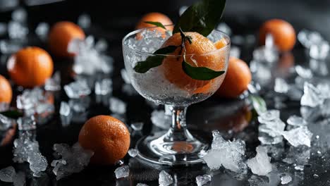 ripe mandarins with leaves resting on crushed ice in an elegant glass bowl, creating a refreshing and visually striking scene against a dark background