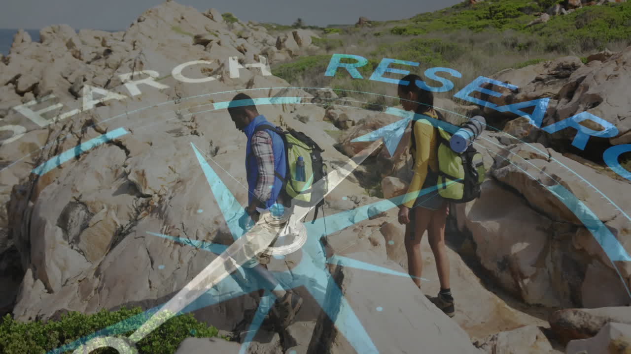 Two hikers exploring coastal research trail, navigating rocky terrain with compass graphic overlay