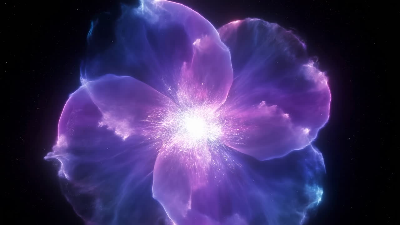 Fiore di plasma viola luminescente, flussi di luce a forma di petali che si irradiano da un nucleo brillante, delicata pulsazione.