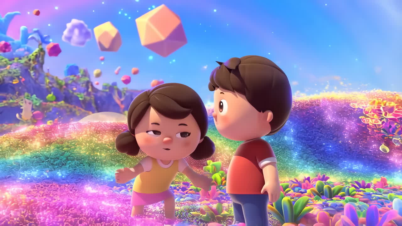 Animated Children Exploring a Vibrant Fantasy World