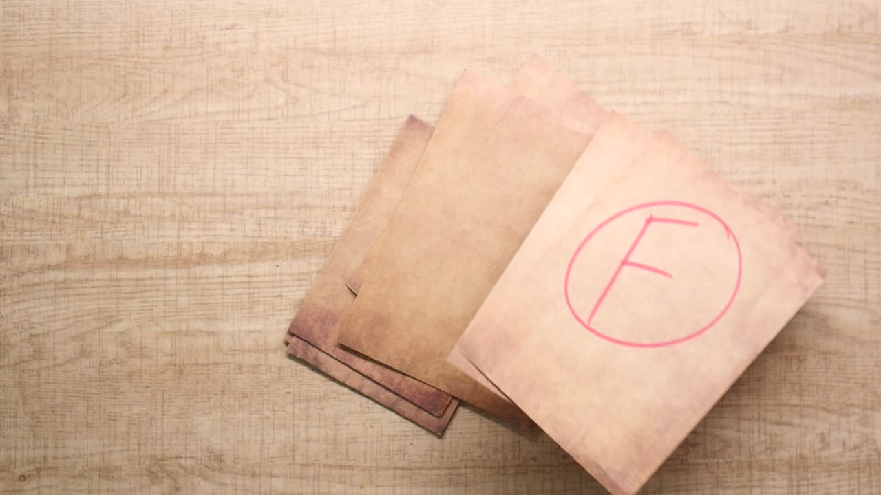 Mano posa foglio con voto insufficiente F su tavolo di legno