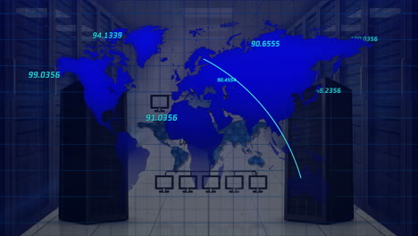 Animation-Einer-Weltkarte-Und-Digitale-Datenverarbeitung-über-Computerserver