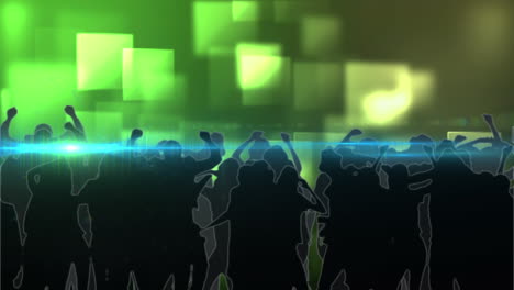 animation of glowing green squares and people dancing on green background