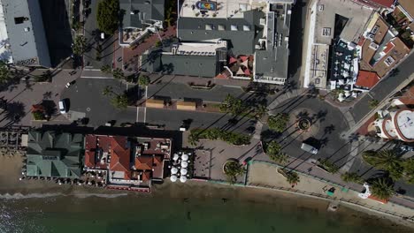 Birds-eye-Top-Down-Aerial-View-of-Beachfront-in-Avalon-Catalina-Island-4K-Drone-Footage