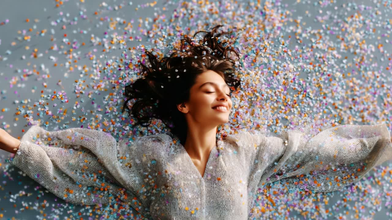 Célébration joyeuse : capture de l’esprit de bonheur alors qu’une jeune femme se délecte d’une pluie de confettis colorés, embrassant l’instant avec rire et plaisir dans une expérience visuelle époustouflante