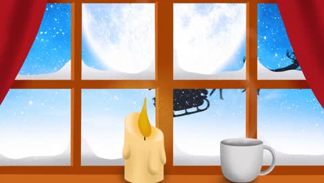 animation of santa claus in sleigh with reindeer over moon seen through window