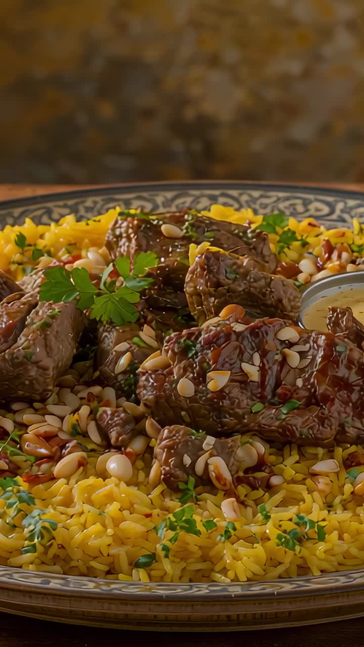 Vídeo vertical: cámara panorámica que revela una bandeja con arroz, carne y frutos secos en un estudio que muestra la textura