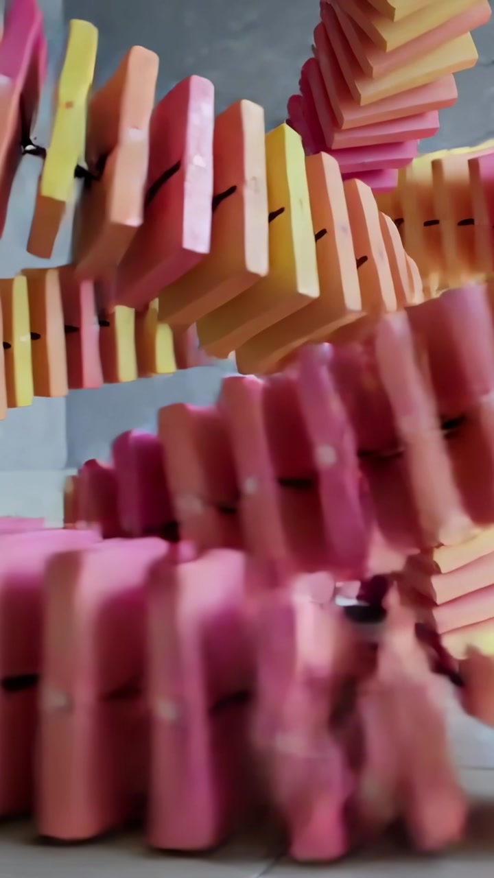 Vertical video: Hand nudging row of pastel tiles spiraling across tiled floor, showing chain effect