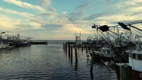 Aerial-view-of-small-fishing-fleet-in-Biloxi,-Mississippi