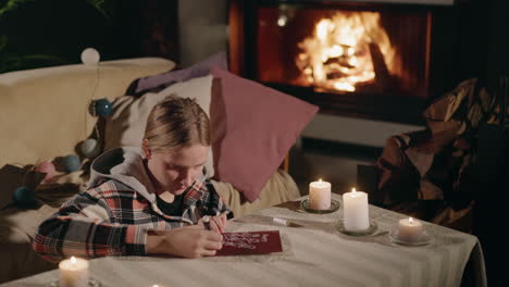 teenage girl drawing a christmas card by the fireplace