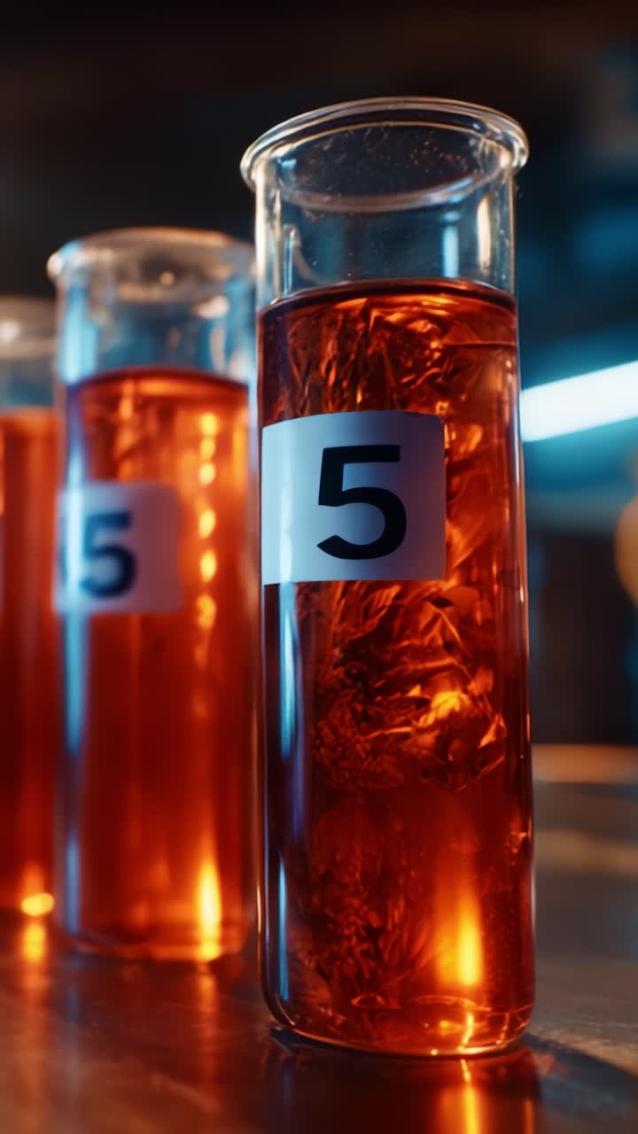 Close-up Views of Laboratory Test Tubes Filled with Amber-Colored Solution Identified by Number Five, Showcasing Chemical Research and Experimentation