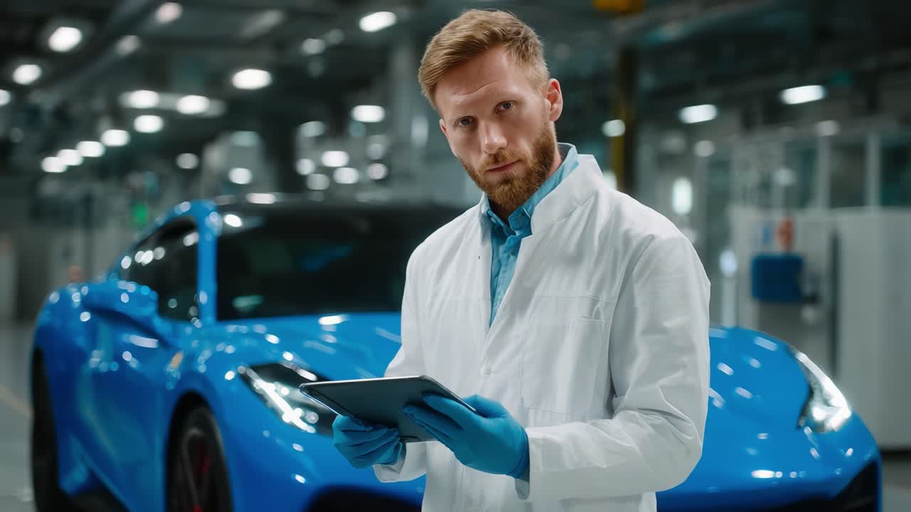 Expert Inspection of Cutting-Edge Automotive Design: A Focused Technician Evaluating Performance Metrics with Advanced Technology in a Modern Workshop Environment