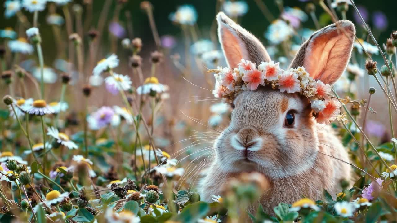 Close-up of a rabbit wearing a floral crown, captured at eye level. The soft focus and warm tones