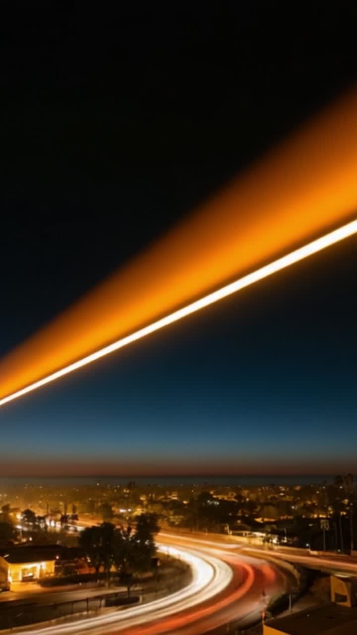 A Stunning Showcase of Twilight Skies with Vibrant Orange Contrails and Urban Nightscapes Captured in Two Contrasting Frames from a Dynamic Video Journey