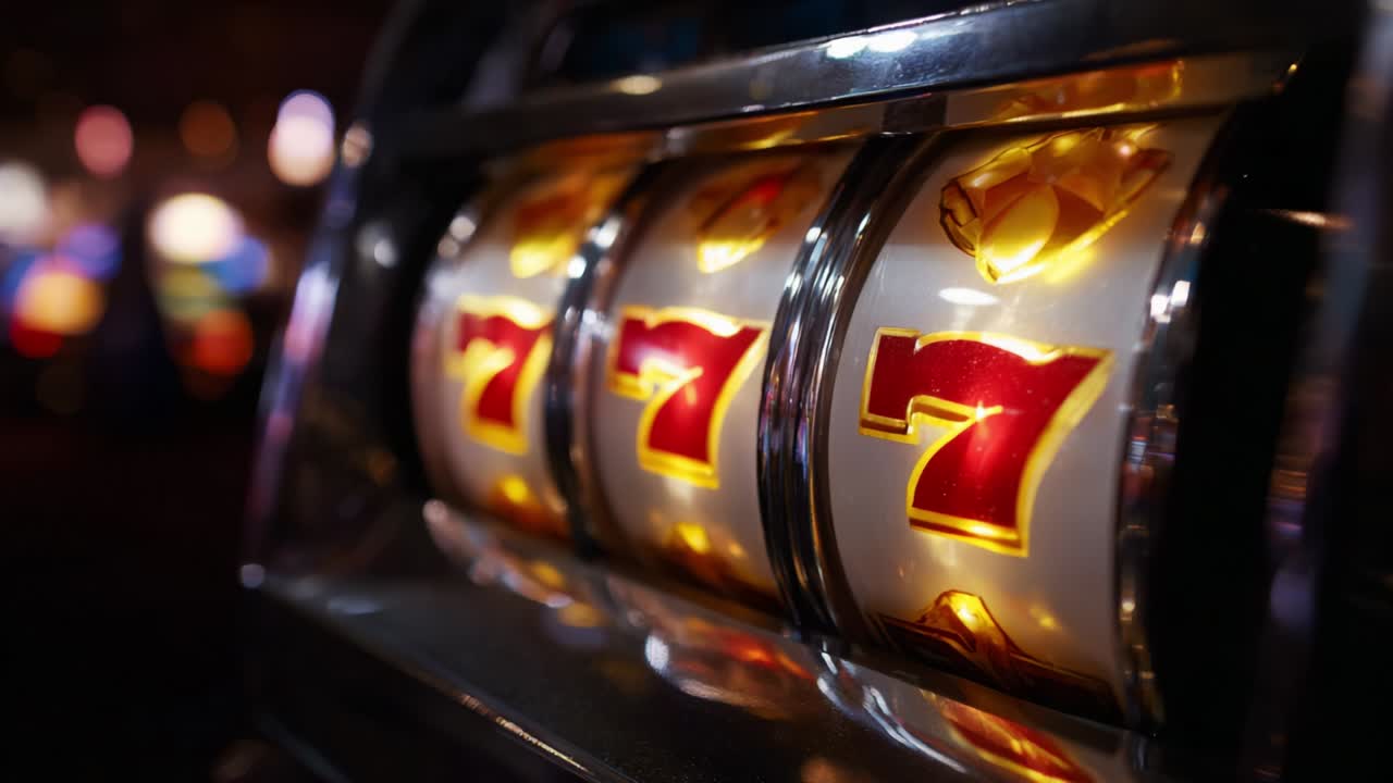 A Captivating Close-Up of a Vibrant Slot Machine Display Featuring Striking '7' Icons Illuminated in Bold Red Against a Shimmering Background, Exuding the Excitement of a Casino Gaming Experience