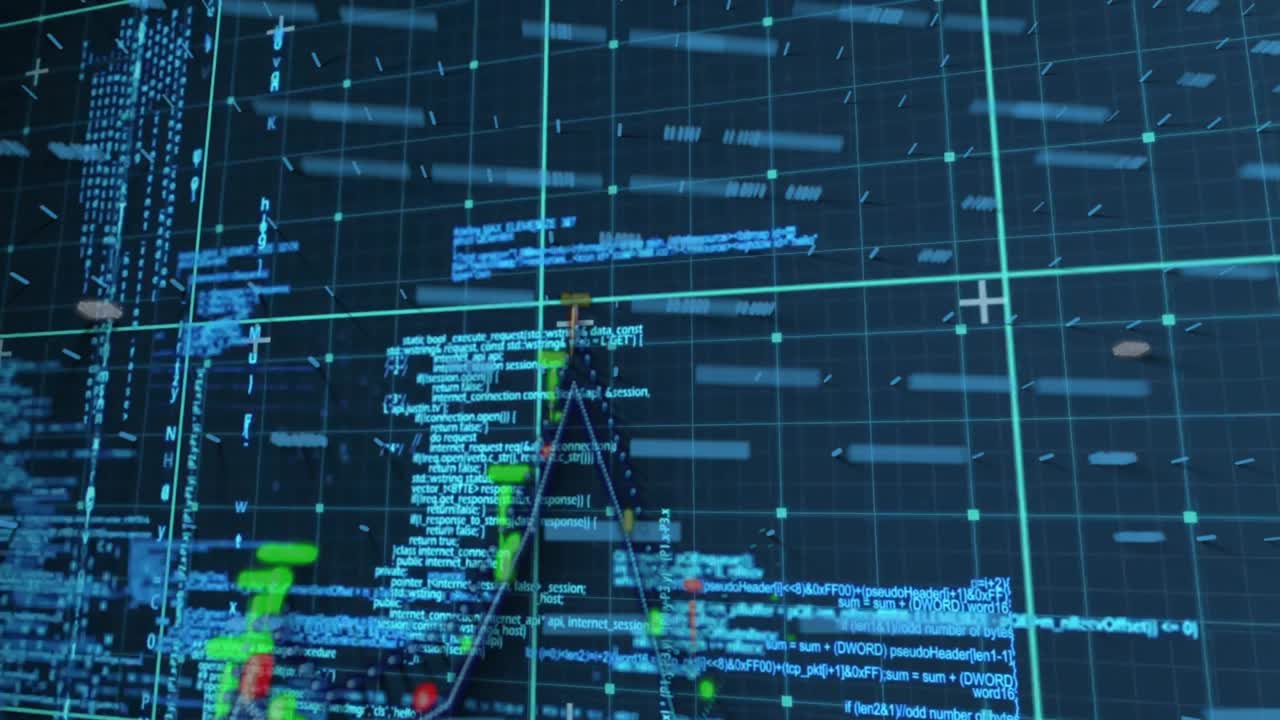 Data visualization displaying floating code on neon grid highlighting colored clusters in 3D render