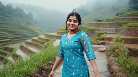 young woman walking and admiring amazing rice paddies on foggy day, exploring beautiful terraced fields in asia, enjoying stunning landscape of agricultural land in exotic destination