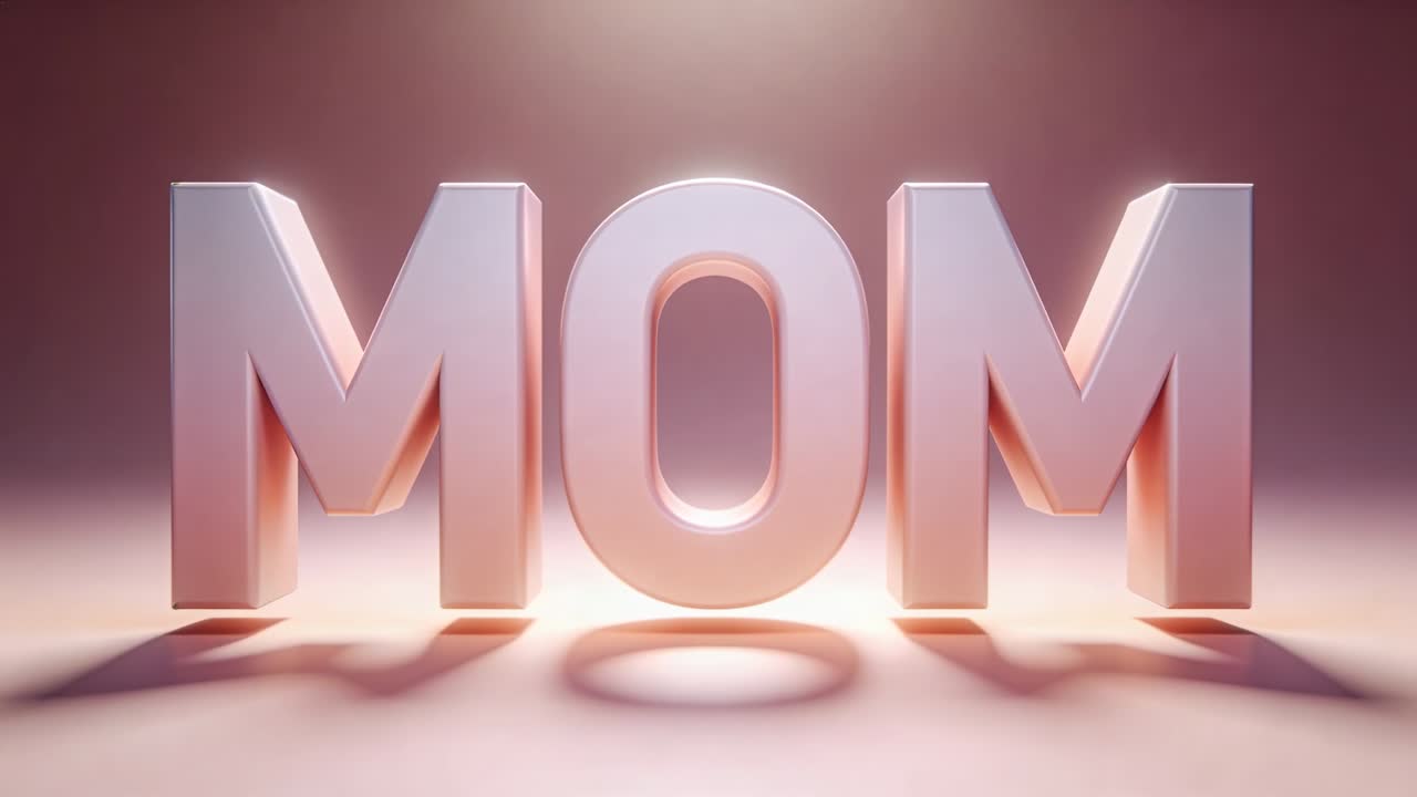 Câmera em movimento Dolly e luzes se elevando, se aproximando de letras "MOM" brilhantes em um palco rosa, mostrando um halo na letra "O".