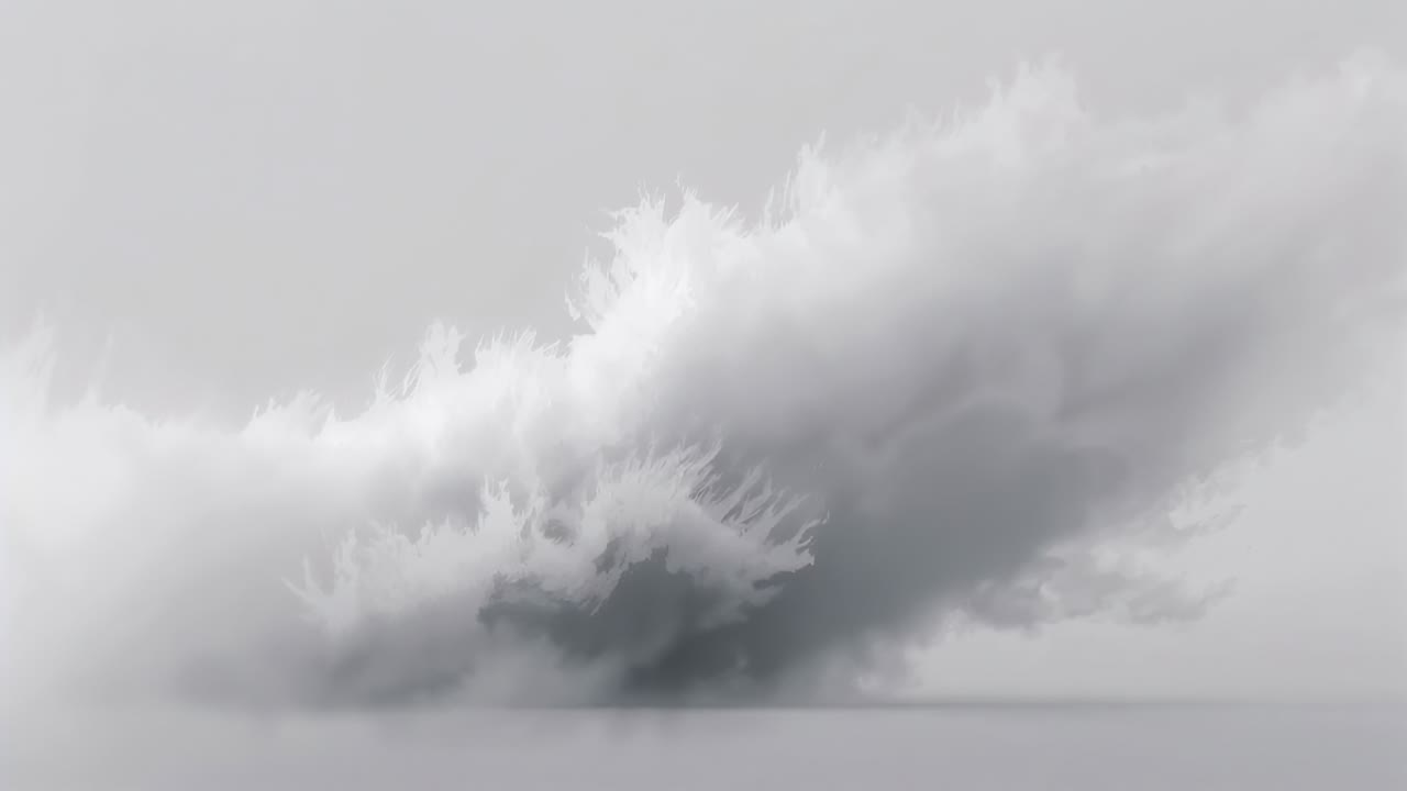 Drifting low grey plume stretching and fanning right above flat water and horizon line, wind driven