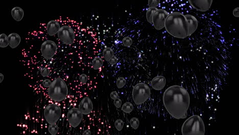 animation of black balloons with fireworks on black background