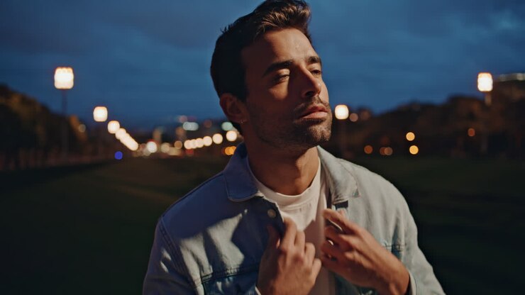 Ragazzo romantico che aspetta un appuntamento nel parco serale, primo piano. Uomo in piedi nella città buia.