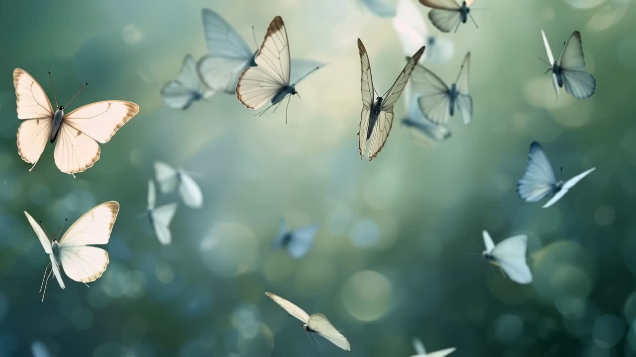 Farfalla color crema che svolazza guidando uno sciame nel fogliame, con farfalle che entrano dai bordi aggiungendo profondità con effetto bokeh.