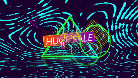 animation of huge sale text over shapes on black background
