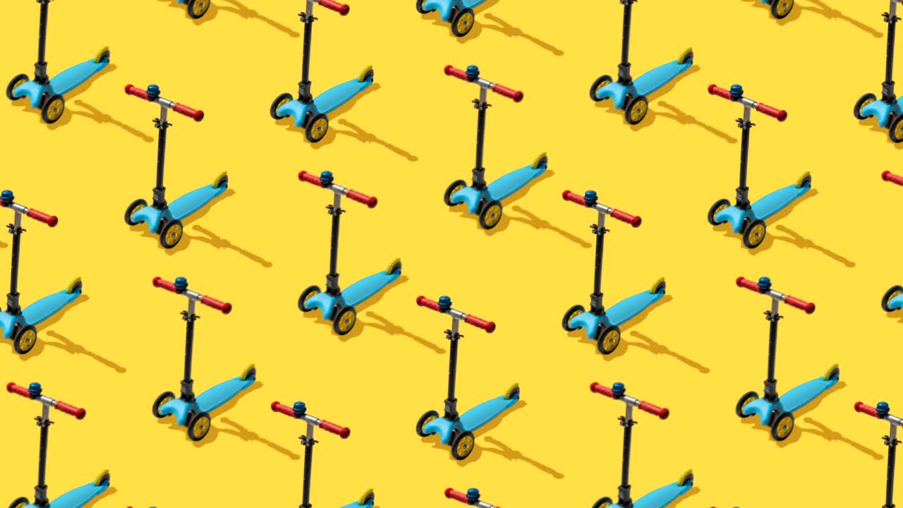 Flat lay composition with set of kick scooters on  yellow background.