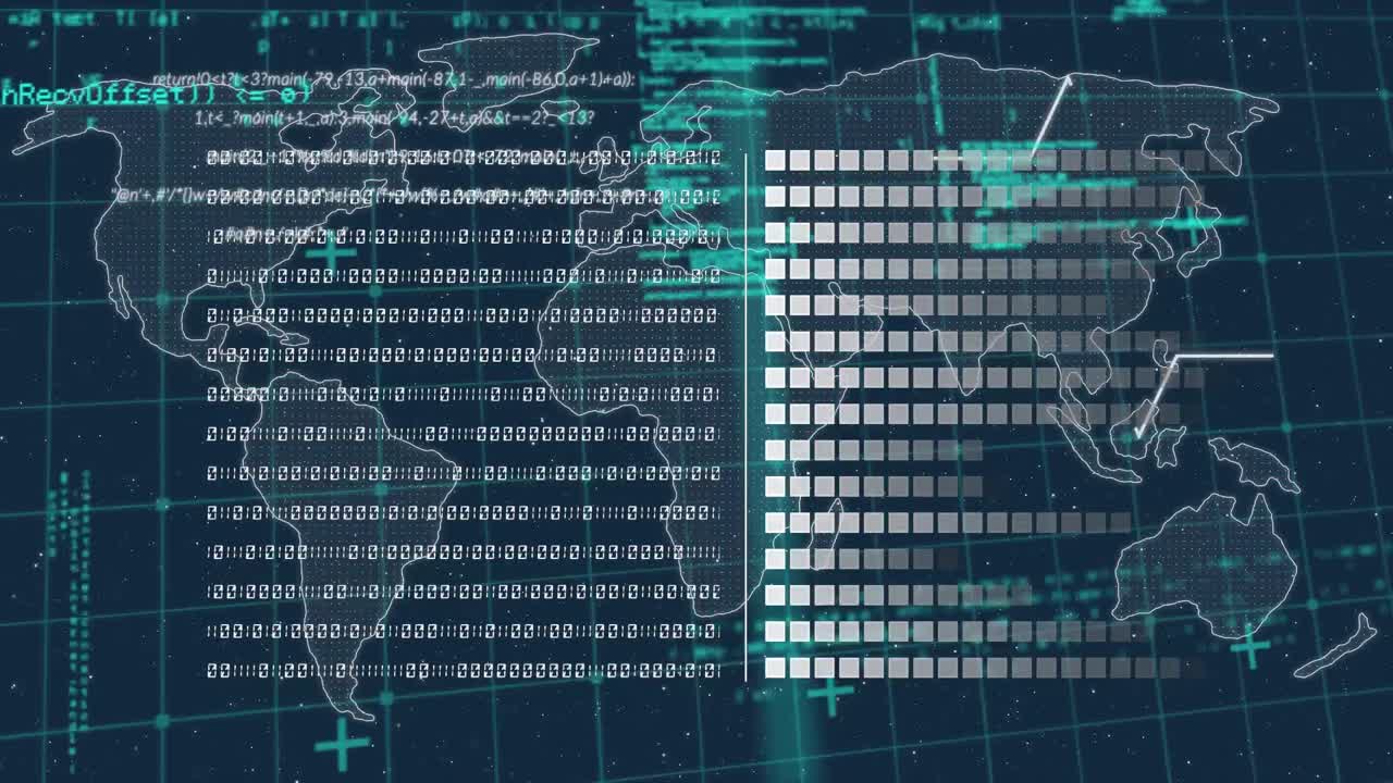 monitor de frecuencia cardíaca a través de la red de red contra el mapa del mundo y el procesamiento de datos en fondo azul