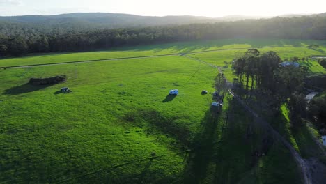 drone aerial afternoon sunset campervan on grass farm property meadow paddock camping farmland eden nethercote south coast australia