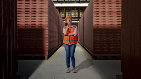 full body of asian female engineer with safety helmet thinking about something and looking around while standing with red brick packed in stacks are stored