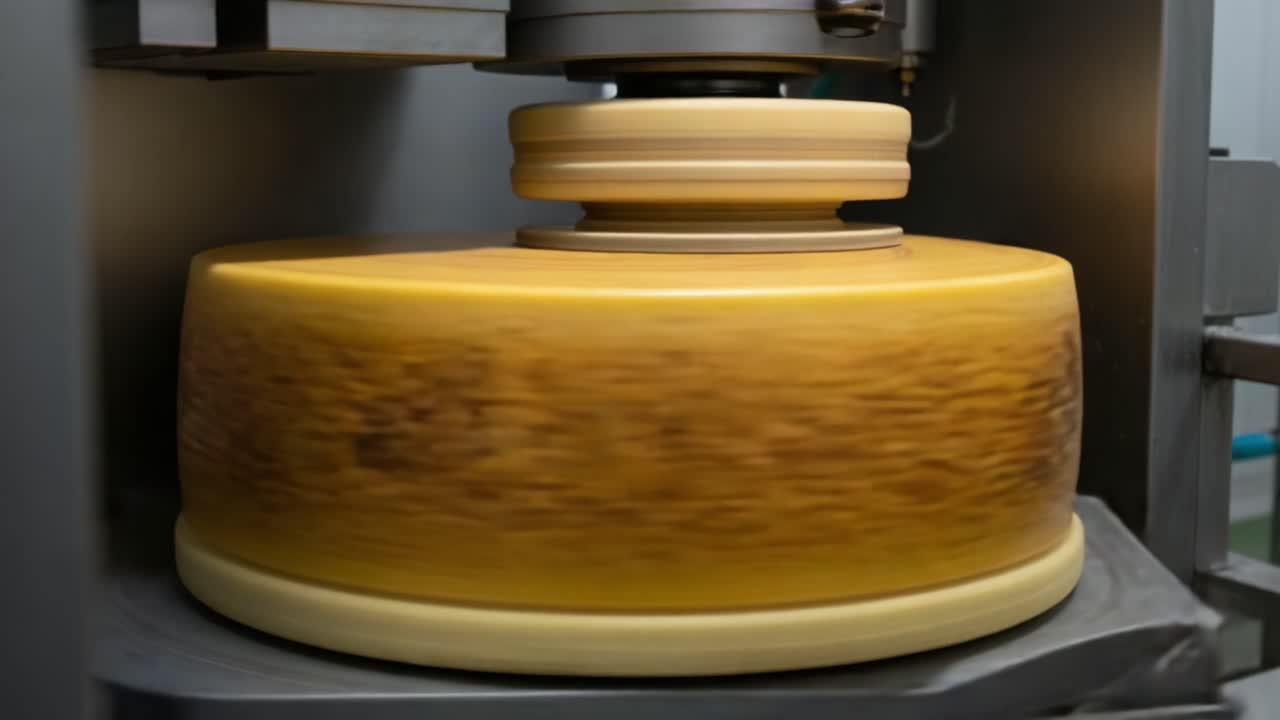 A Close-Up View of a Large Round Cheese Being Processed in a Factory Machine, Showcasing the Turning and Polishing Process in Cheese Production