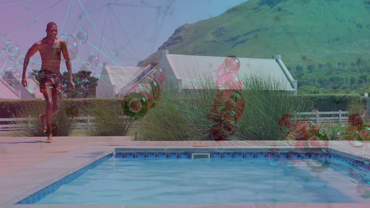 Man running towards swimming pool with digital network animation overlay