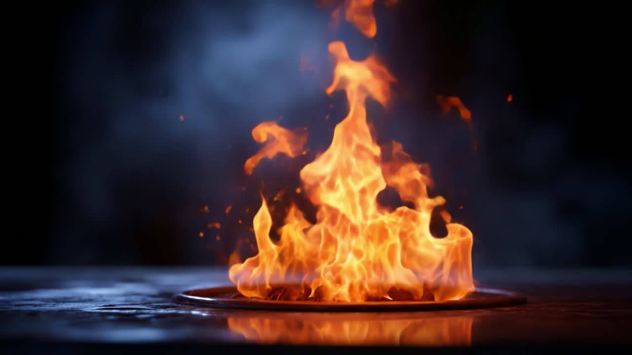 Dynamic Flames Erupting from a Surface, Capturing the Essence of Fire's Intensity and Vibrancy Against a Dark Background Filled with Smoke