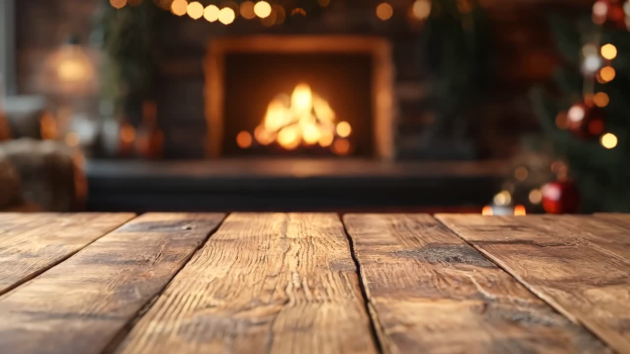A wooden table with a fireplace in the background. The fireplace is lit and the room is warm and cozy