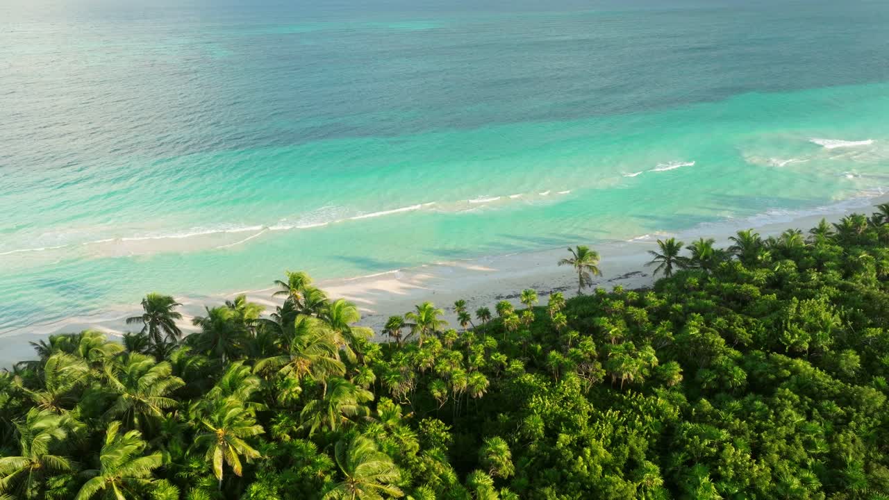 Splendide viste aeree del bacino caraibico di Tulum, spiaggia e orizzonte oceanico