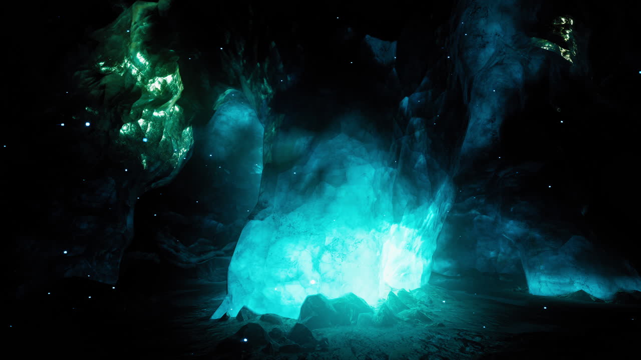 A Mystical Cave with Glowing Blue Flame