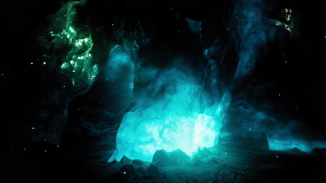 a mystical cave with glowing blue flame