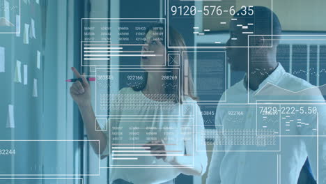 Animation-of-changing-numbers,-circles,-bars-and-graphs,-diverse-coworkers-discussing-strategy