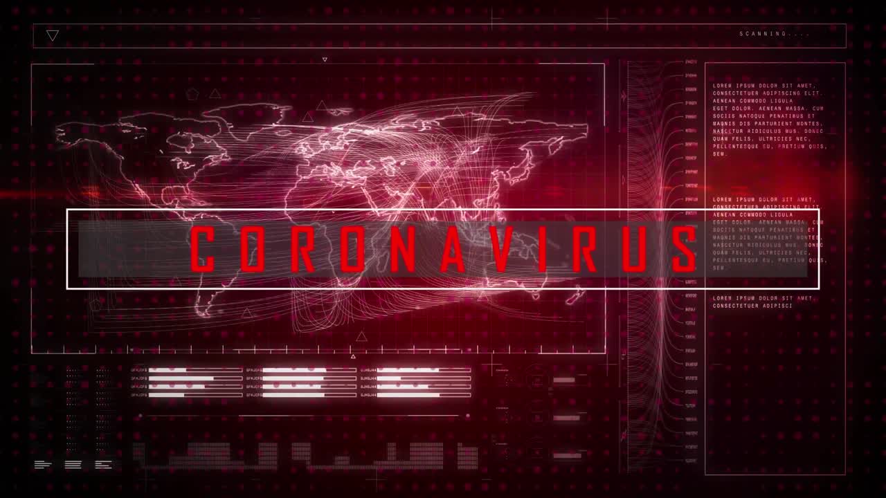 Animation of coronavirus text over data processing and world map on black background