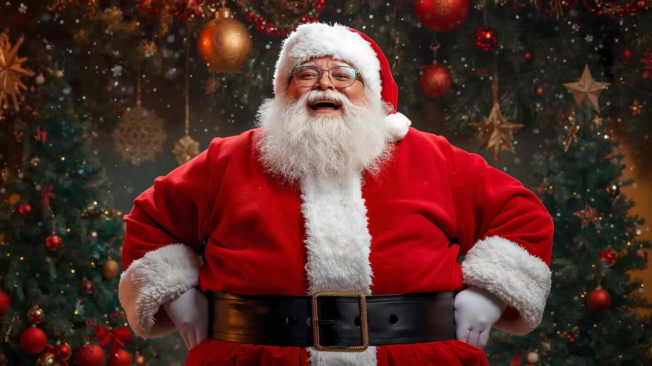 Papai Noel sorrindo, com roupa vermelha e árvores decoradas, enquanto neve artificial começa a cair, cumprimentando a câmera