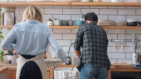 happy, couple cleaning dishes