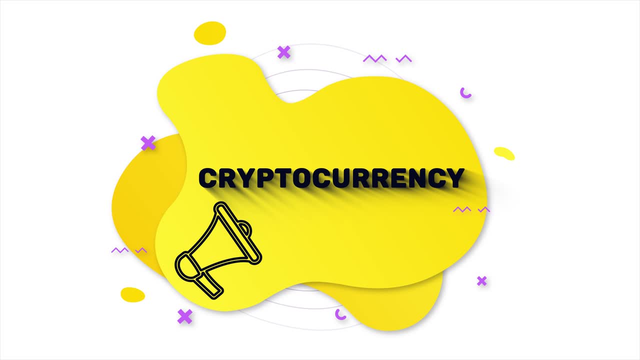 megáfono con texto de criptomoneda. estandarte de estilo memphis con formas geométricas abstractas en fondo amarillo. banner y contornos de elementos redondos con megafono. gráfico de movimiento de video 4k