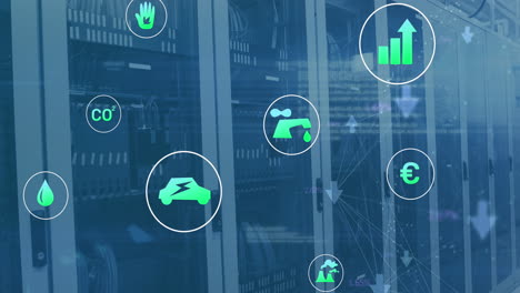 animación de iconos ecológicos y procesamiento de datos a través de servidores informáticos.