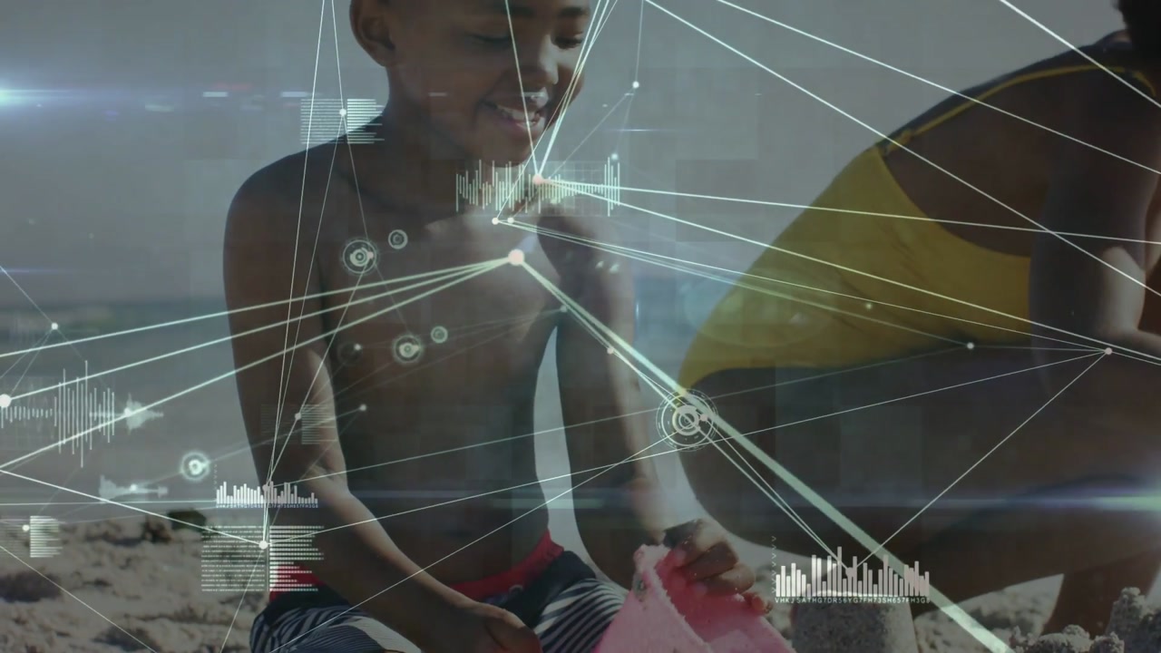 Child lifting pink bucket, pouring sand; adult shaping molds, building castles, HUD linking tech