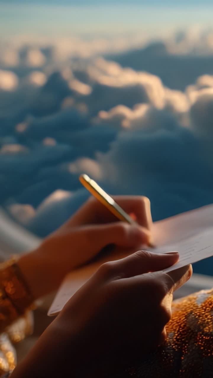 Un momento sereno catturato attraverso il finestrino di un aereo, mentre una mano scrive un messaggio sincero sopra le nuvole, abbracciando la bellezza del cielo e la tranquillità.