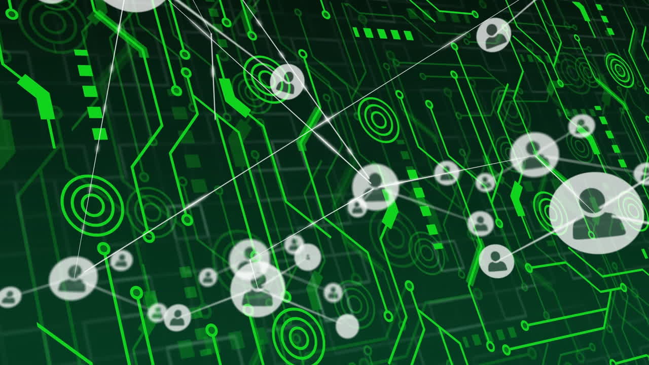Animation of digital connections and user icons on green circuit board background