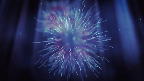 animation of macro blue coronavirus cell flowing and spreading on dark blue glowing background